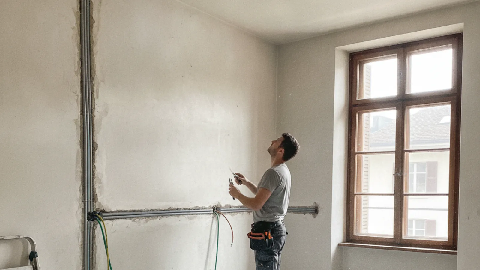Électricien tirant un nouveau câble lors d'une rénovation électrique à Lausanne